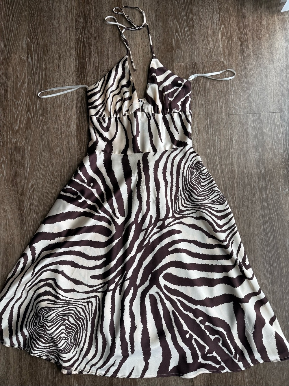 Alyn Paige Zebra-Print Midi Dress in Cream and Dark Brown